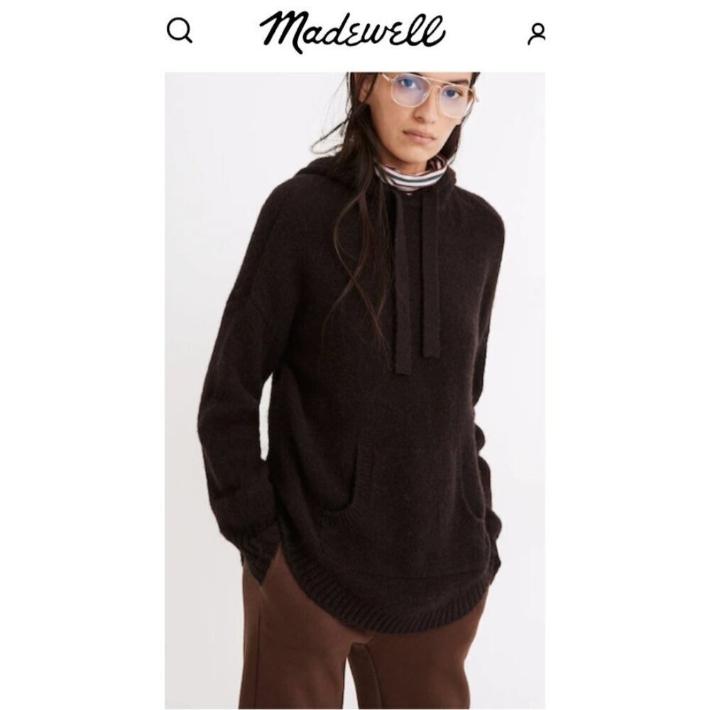 Madewell Brown Knit Hoodie Sweater M Wool Alpaca Blend Pullover Kangaroo Pocket